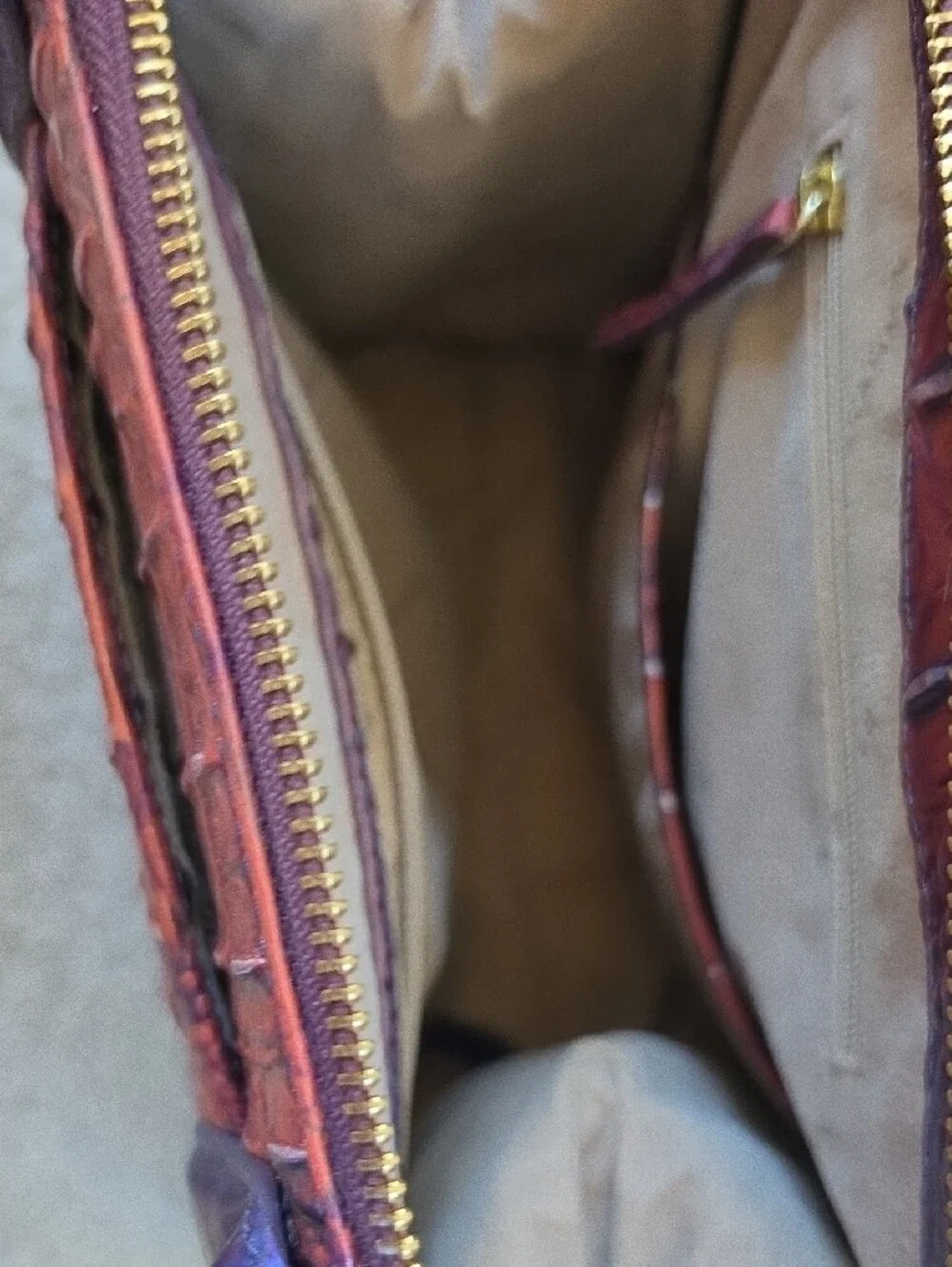 Brahmin Two-Tone Croc-Embossed Satchel in Brown and Purple